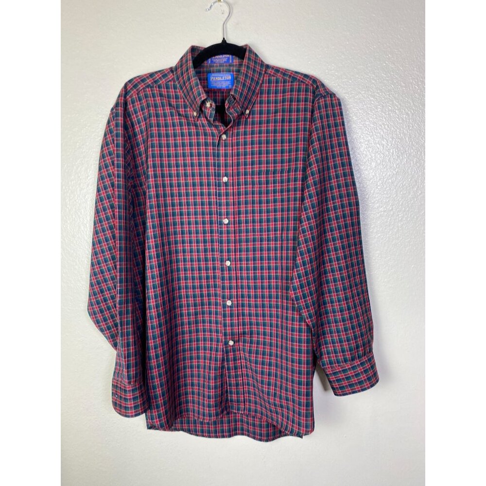 Pendleton 100% Pure Virgil Wool Mens Red Green Plaid Button Up Shirt Size Medium - Picture 1 of 13